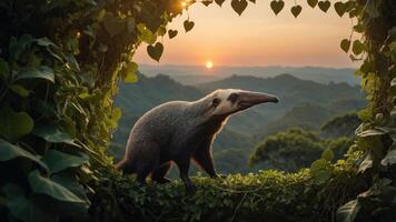 A giant anteater stands in a lush, green landscape at sunset, framed by foliage. photo