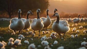 A serene scene of swans in a golden-lit field with cotton plants. photo