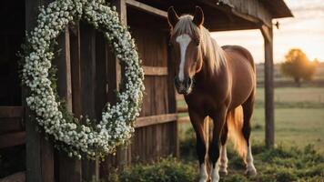A horse stands near a floral wreath in a rustic barn setting at sunset. photo