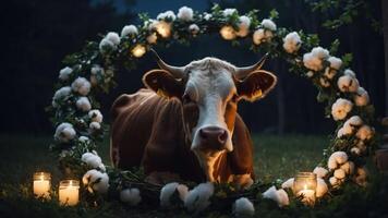 A serene cow rests amidst a floral wreath and candles at dusk. photo