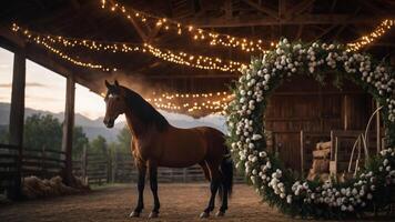 A horse stands in a rustic barn adorned with fairy lights and a floral wreath. photo