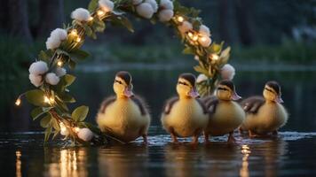Four ducklings wade through water near a floral wreath adorned with lights. photo