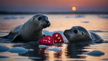 Two seals in water with heart-shaped decorations at sunset, conveying love and affection. photo