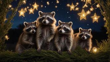 Four raccoons surrounded by stars and greenery create a whimsical, festive scene. photo