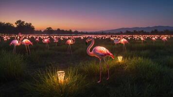 A serene sunset scene featuring flamingos in a field illuminated by lanterns. photo