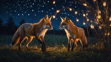 Two foxes standing in a field under a starry sky with glowing lights. photo