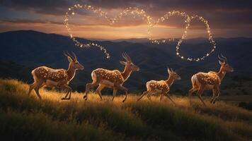 A serene scene of deer running through a landscape, illuminated by magical light trails. photo