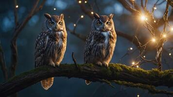 Two owls perched on a mossy branch, illuminated by soft lights in a serene forest setting. photo