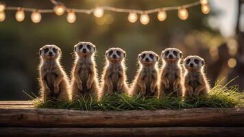 Six meerkats standing on a log, surrounded by grass and illuminated by string lights. photo