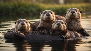 A group of playful otters floating together in a serene water setting. photo