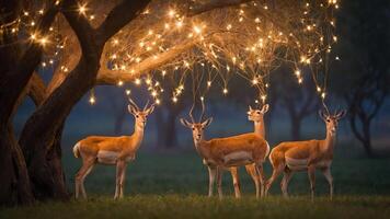 Four deer standing under a tree adorned with twinkling lights in a serene landscape. photo