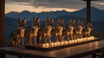 A row of coyotes sitting on a table adorned with lights against a mountainous backdrop. photo
