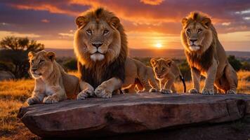A pride of lions resting on a rock at sunset, showcasing their majestic beauty in nature. photo