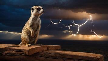 A meerkat stands on a log against a dramatic stormy sky with lightning in the background. photo