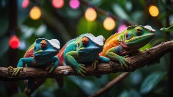 Three colorful frogs perched on a branch amidst vibrant lights in a lush setting. photo