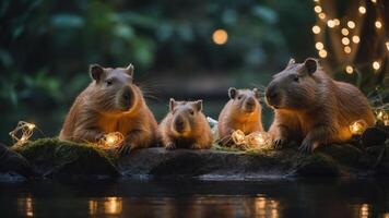 A family of capybaras gathered by water, adorned with fairy lights in a serene setting. photo