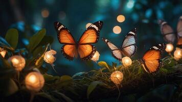 A serene scene with butterflies illuminated by soft lights in a lush environment. photo