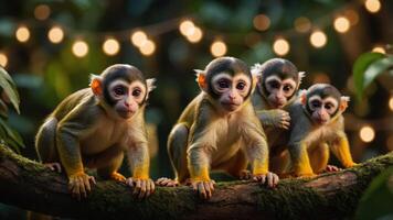 Four monkeys perched on a branch with warm lights in the background. photo