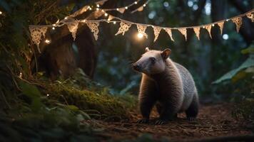 A tamandua stands in a forest adorned with fairy lights and bunting. photo