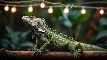 A green lizard resting on a branch with decorative lights in a lush environment. photo