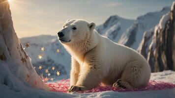 A polar bear sitting on snow with a whimsical backdrop of stars and mountains. photo