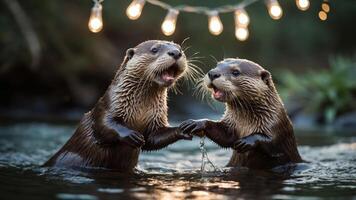 Two playful otters interacting in a serene water setting under string lights. photo
