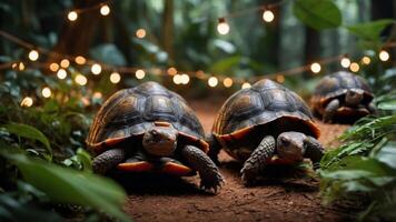 Three tortoises walking along a path in a lush environment adorned with string lights. photo