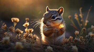 A chipmunk holding a flower amidst soft, glowing flowers in a serene natural setting. photo