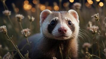 A close-up of a ferret in a field of flowers, showcasing its curious expression. photo