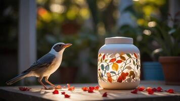 A bird curiously approaches a decorative lantern surrounded by petals in a serene setting. photo