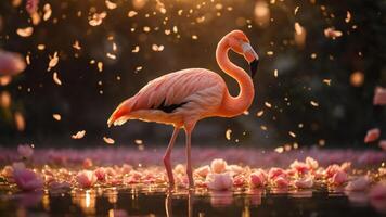 A serene flamingo stands amidst rose petals, illuminated by soft, golden light. photo