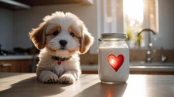 A cute puppy beside a jar of milk with a heart symbol, evoking warmth and affection. photo