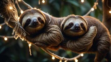 Two sloths resting on a branch adorned with fairy lights in a lush environment. photo