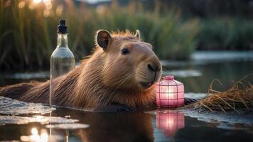 A capybara relaxing by a pond with a bottle and lantern at sunset. photo