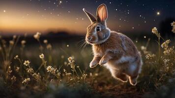 A rabbit leaps through a field of flowers under a starry sky at dusk. photo