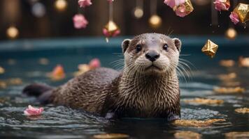 A playful otter swimming among flowers and decorations in a serene pool. photo