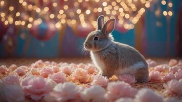 A serene rabbit sits among pink flowers, illuminated by soft lights in a dreamy setting. photo