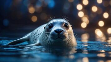 un de cerca de un sello nadando en agua con borroso luces en el antecedentes. foto