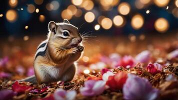 A cute chipmunk nibbling amidst colorful petals and soft lighting. photo
