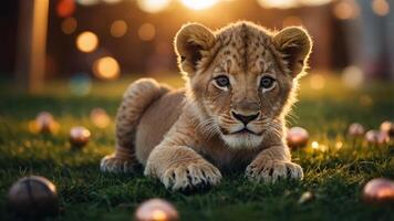 A playful lion cub lying on grass surrounded by colorful ornaments in a warm, sunny setting. photo