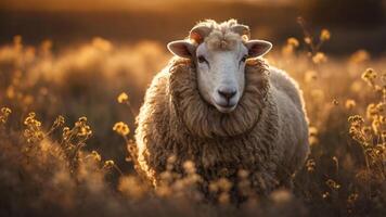 A sheep stands in a sunlit field surrounded by wildflowers, capturing a serene moment in nature. photo