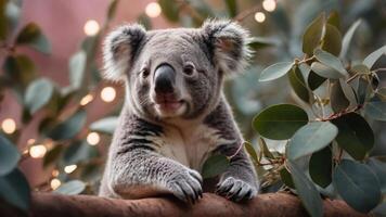 A close-up of a koala resting among leaves with soft lighting in the background. photo
