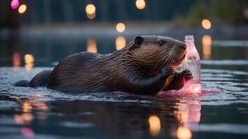 A beaver swimming with a glowing bottle in a serene water setting. photo