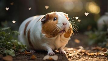 A cute guinea pig surrounded by greenery and hearts, conveying a playful and loving vibe. photo