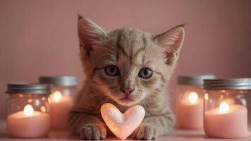 A cute kitten with a heart-shaped decoration surrounded by candles on a pink background. photo