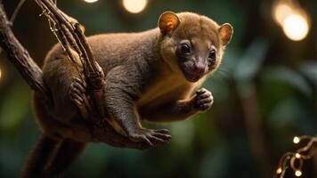 A cute animal perched on a branch, surrounded by soft, glowing lights in a natural setting. photo