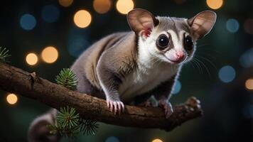 A close-up of a sugar glider perched on a branch with a blurred bokeh background. photo