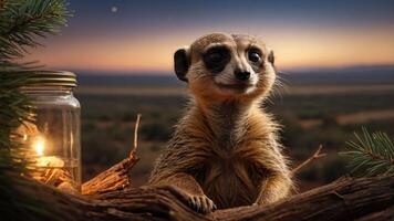 A charming meerkat sits on a log near a glowing jar, set against a serene twilight landscape. photo