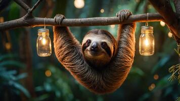 A sloth hanging from a branch with glowing jars in a lush, tropical setting. photo
