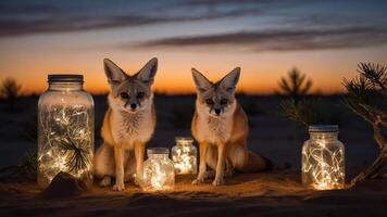 Two fennec foxes sit among glowing jars in a desert at sunset. photo